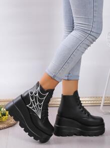 Botas de moda de mujeres estilo punk negro con patrón de telaraña aumentó - Negro - Ver 4