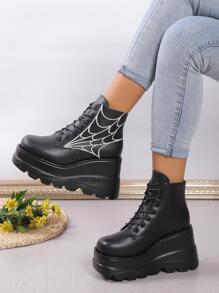 Botas de moda de mujeres estilo punk negro con patrón de telaraña aumentó - Negro - Ver 1