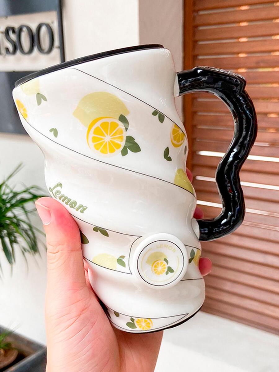 Unicorn And Fruit Ceramic Mug With Lid For Coffee Or Tea Spiral Design Gift Home Decoration - 軍綠色 - 查看 1