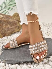 Women Snakeskin Embossed Rhinestone & Faux Pearl Decor Flat Sandals, Glamorous Summer PVC Slide Sandals - Multicolor - View 3