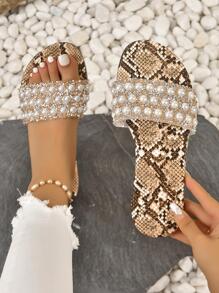 Women Snakeskin Embossed Rhinestone & Faux Pearl Decor Flat Sandals, Glamorous Summer PVC Slide Sandals - Multicolor - View 1