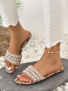 Women Snakeskin Embossed Rhinestone & Faux Pearl Decor Flat Sandals, Glamorous Summer PVC Slide Sandals - Multicolor - View 2