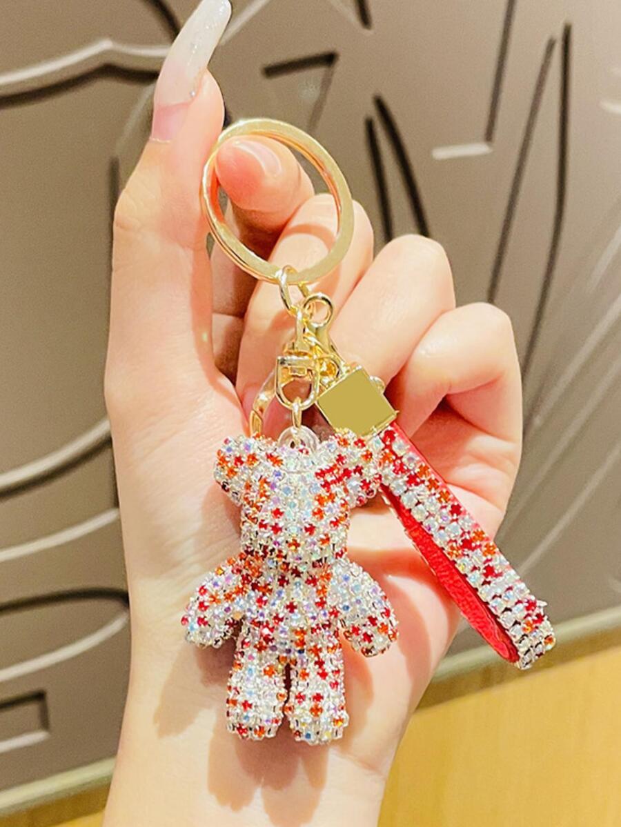 1 pieza Mujer con diamante de imitación oso atractivo Llavero para clave Decoración - Rojo - Ver 1