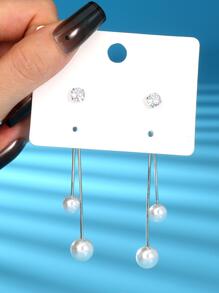 Nooxian 1對女式假珍珠前後款墜子耳環 - 銀色 - 查看 3