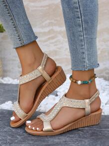 Women Comfortable Rhinestone Decor Sandals, Glamorous Summer Slingback Wedge Sandals - Gold - View 2