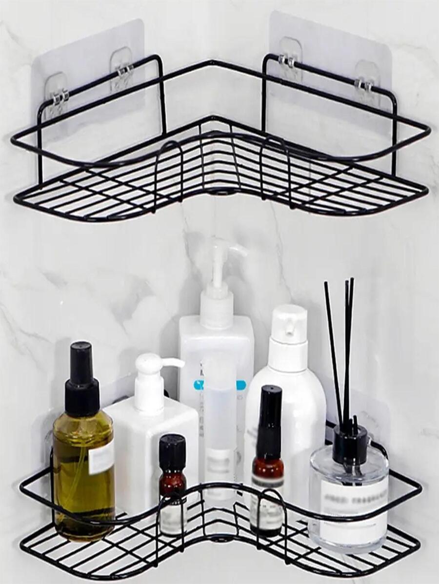 1pc Plain Wall Mounted Bathroom Storage Rack - Black - View 1
