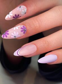 用 24 件長杏仁法式和紫花磨砂假指甲套裝提升您的風格，適合女式女孩日常穿著 - 淡紫色 - 查看 1