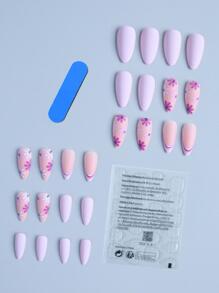 用 24 件長杏仁法式和紫花磨砂假指甲套裝提升您的風格，適合女式女孩日常穿著 - 淡紫色 - 查看 3