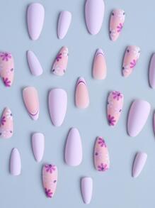 用 24 件長杏仁法式和紫花磨砂假指甲套裝提升您的風格，適合女式女孩日常穿著 - 淡紫色 - 查看 4