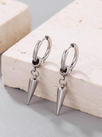 1對創意個性銀圓錐不銹鋼吊墜耳環