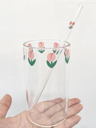 1pc Floral Pattern Cup With Straw