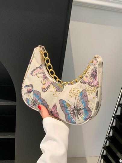 女士时尚蝴蝶印花链条肩带手提包，时尚蝴蝶包