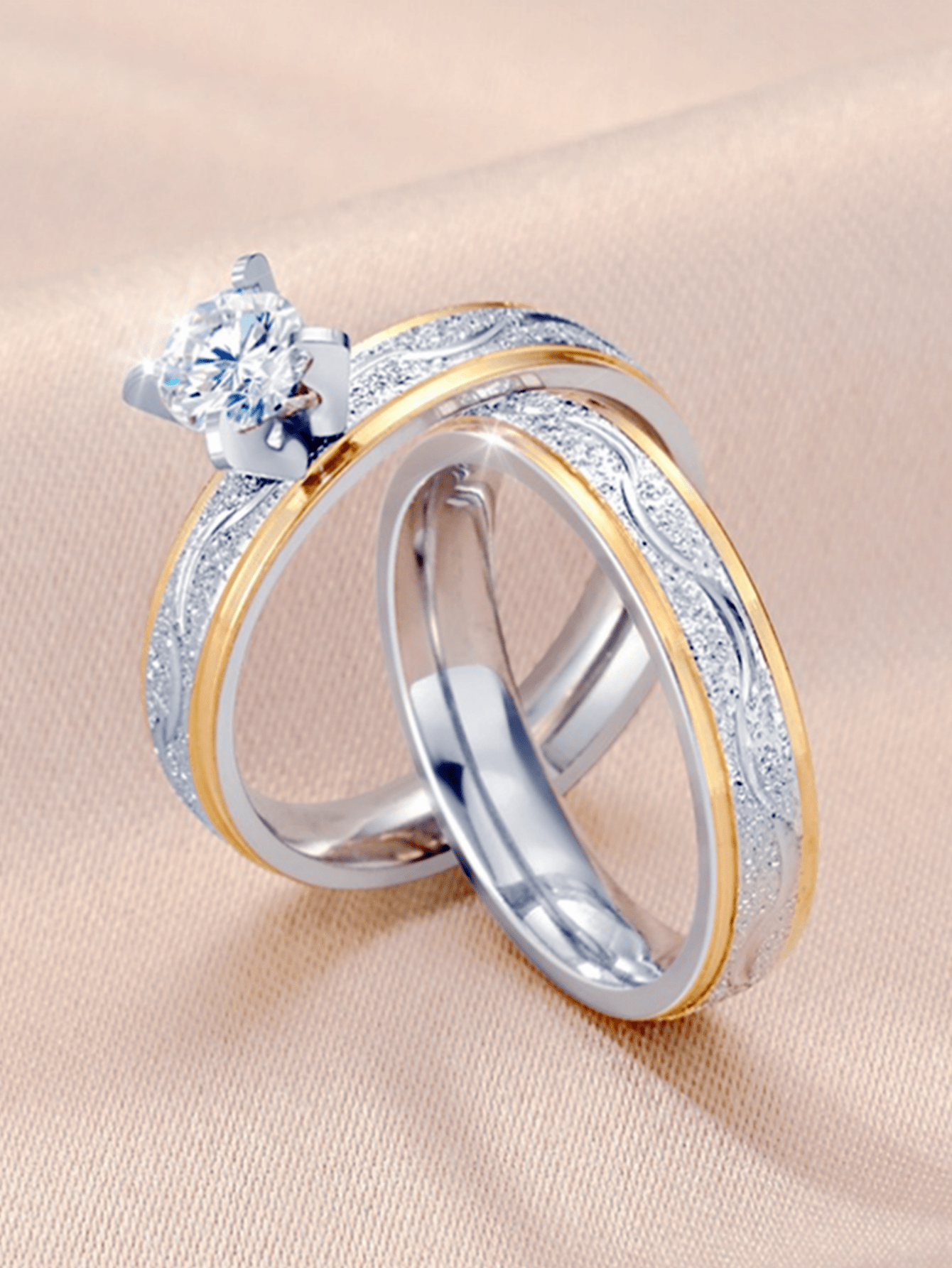 1pair Versatile Titanium Steel Cubic Zirconia Couple Ring, Crystal And