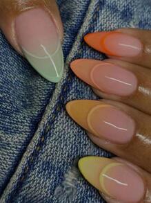 Get Glamorous With 24pcs Pastel Rainbow Outlined French Tip Long Almond Ombre Full Cover Fake Nail Set - Multicolor - View 1