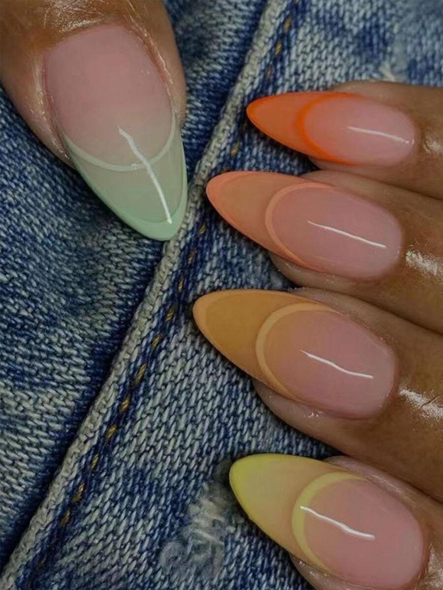 Get Glamorous With 24pcs Pastel Rainbow Outlined French Tip Long Almond Ombre Full Cover Fake Nail Set - Multicolor - View 1