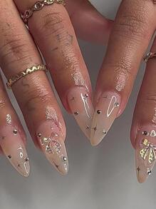 Get Glamorous With 24pcs Long Almond Bow Decor Full Cover Fake Nail Set - Multicolor - View 1