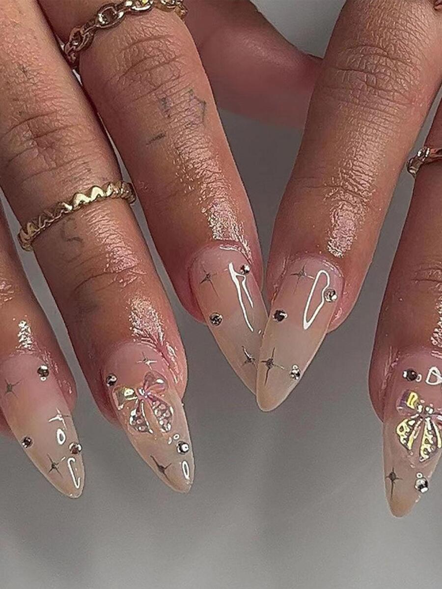 Get Glamorous With 24pcs Long Almond Bow Decor Full Cover Fake Nail Set - Multicolor - View 1