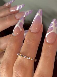 Get Glamorous With 24pcs Lavender White Color Block Long Almond Fantastic Full Cover Fake Nail Set - Multicolor - View 1