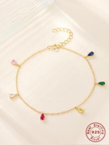 1 Pc S925 Sterling Silver Bracelet Necklace Artificial Zirconia Water Drop Geometric Shape, Fashionable And Elegant Bohemian Style Daily Wear Jewelry - Multicolor - View 12