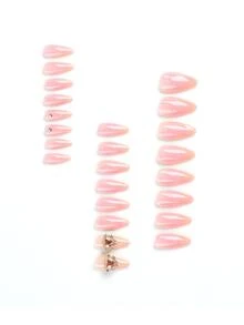 Get Glamorous With 24pcs Long Almond Heart Decor Full Cover Fake Nail Set - Multicolor - View 2