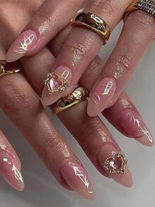 Get Glamorous With 24pcs Long Almond Heart Decor Full Cover Fake Nail Set - Multicolor - View 1