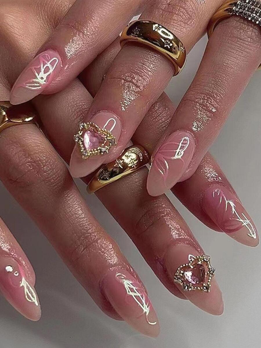 Get Glamorous With 24pcs Long Almond Heart Decor Full Cover Fake Nail Set - Multicolor - View 1