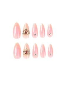 Get Glamorous With 24pcs Long Almond Heart Decor Full Cover Fake Nail Set - Multicolor - View 5