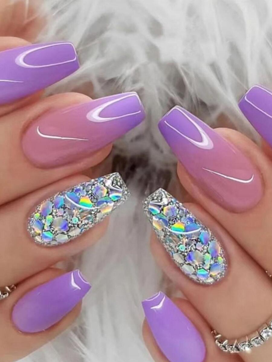 Ponte glamoroso con un elegante juego de uñas postizas de cubierta completa y brillo de ataúd largo de 24 piezas - Multicolor - Ver 1