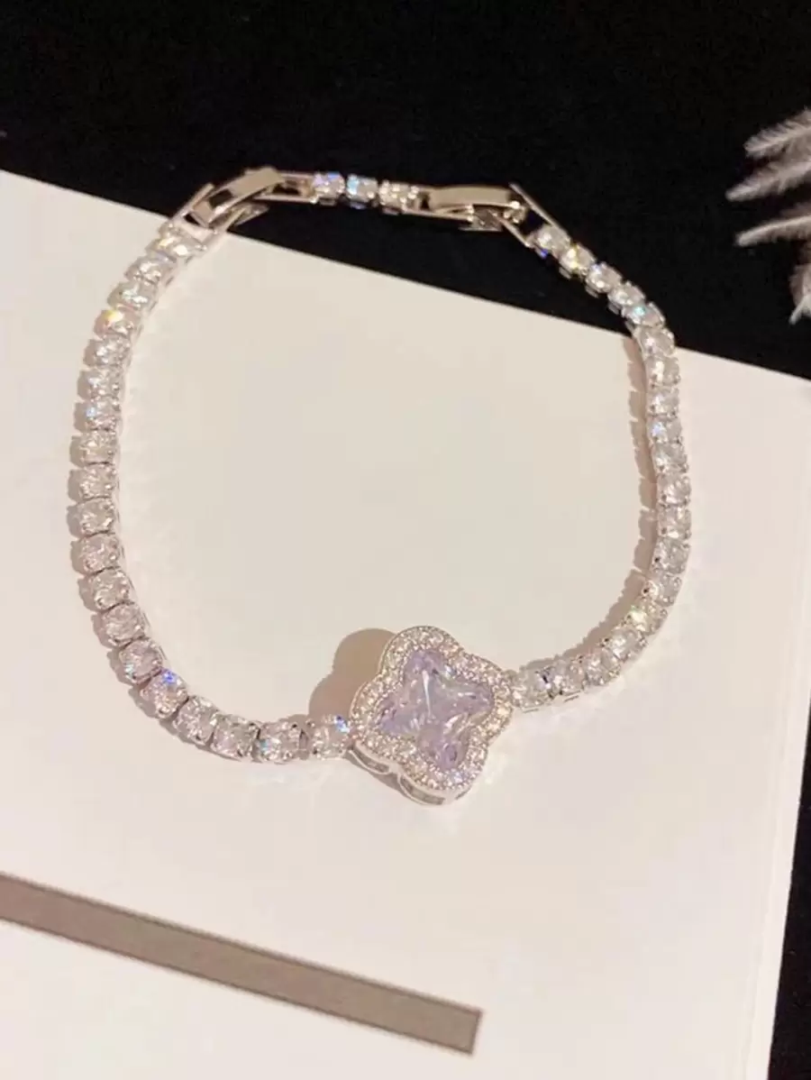 1 chiếc vòng tay xích trang trí hình cỏ ba lá đính đá Cubic Zirconia quyến rũ dành cho phụ nữ để trang trí hàng ngày cho ngày lễ tình nhân, mẹ, mẹ, ngày của mẹ, quà tặng - Bạc - Xem 1