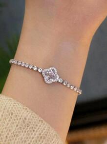 1 chiếc vòng tay xích trang trí hình cỏ ba lá đính đá Cubic Zirconia quyến rũ dành cho phụ nữ để trang trí hàng ngày cho ngày lễ tình nhân, mẹ, mẹ, ngày của mẹ, quà tặng - Bạc - Xem 2