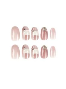 Get Glamorous With 24pcs Marbling Short Oval Glitter Full Cover Fake Nail Set - Pink - View 5