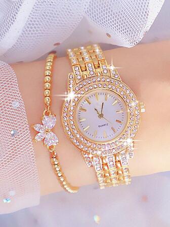 2 件时尚百搭闪亮女士石英表，配有圆形表盘和合金钢表带，搭配镶钻蝴蝶结珠宝手链套装，适合送礼、节日和日常佩戴