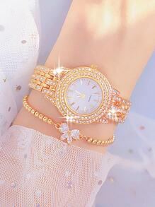 两件套时尚百搭女士石英表，圆形表盘，金属表带，搭配水钻蝴蝶结手链，适合作为礼物、节日礼物和日常佩戴。 - 金色 - 查看 3