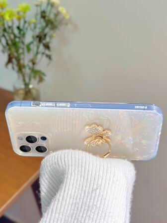 New Arrival Shiny White Rhinestone Butterfly Ring Holder Phone Case