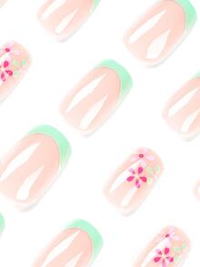 Get Glamorous With 24pcs Long Coffin Floral Print Full Cover Fake Nail Set - Multicolor - View 3