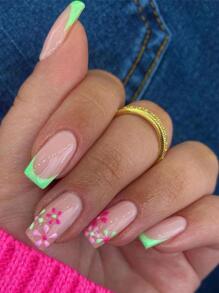 Get Glamorous With 24pcs Long Coffin Floral Print Full Cover Fake Nail Set - Multicolor - View 1