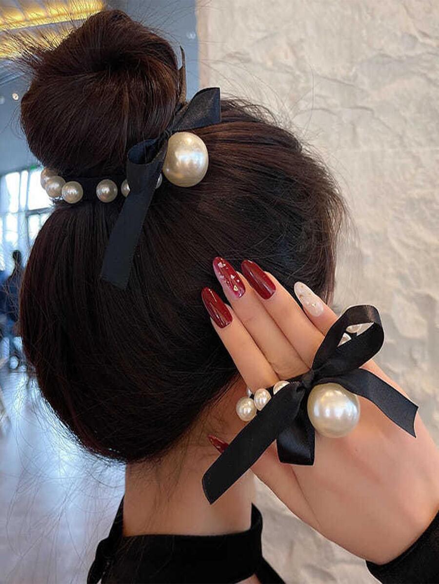 2 buah Ikat Rambut Hiasan Mutiara Imitasi Elegan untuk Olahraga, Kecantikan, dan Aksesoris Rambut - Hitam - View 1