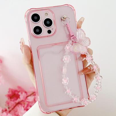 粉色防震卡槽蝴蝶花朵挂绳手机壳，兼容 17/17 Pro Max/17/17 Air/17 Pro/16/16 Pro/16 Pro Max/16 Plus、A26 5G、A56 5G、S24 FE、A24 5G、A16、S25、S25 Plus、S25 Ultra、A34、A06、S23 FE、16e