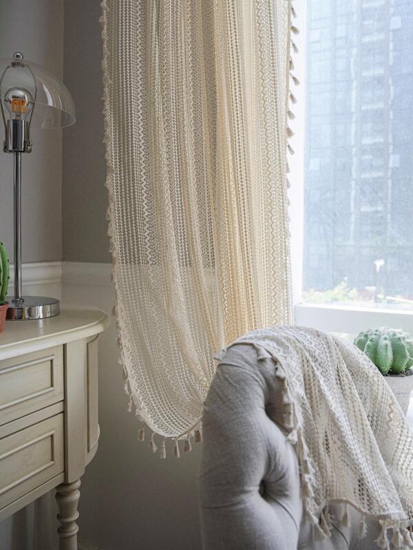Bubaba 1pc Beige Decorative Room Curtain, Bohemian Minimalist Hollow Rectangle Blackout Curtain With Beige Tassels, Suitable For Home, Party, Bedroom, Living Room, Dining Room, Gym, Cafe, All Seasons