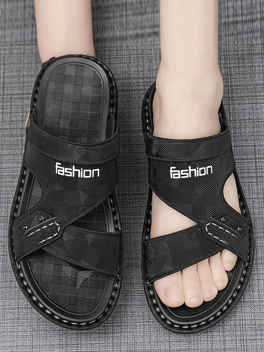 男士舒適字母圖形多穿涼鞋休閒夏季阿拉伯涼鞋 - 黑色 - 查看 1