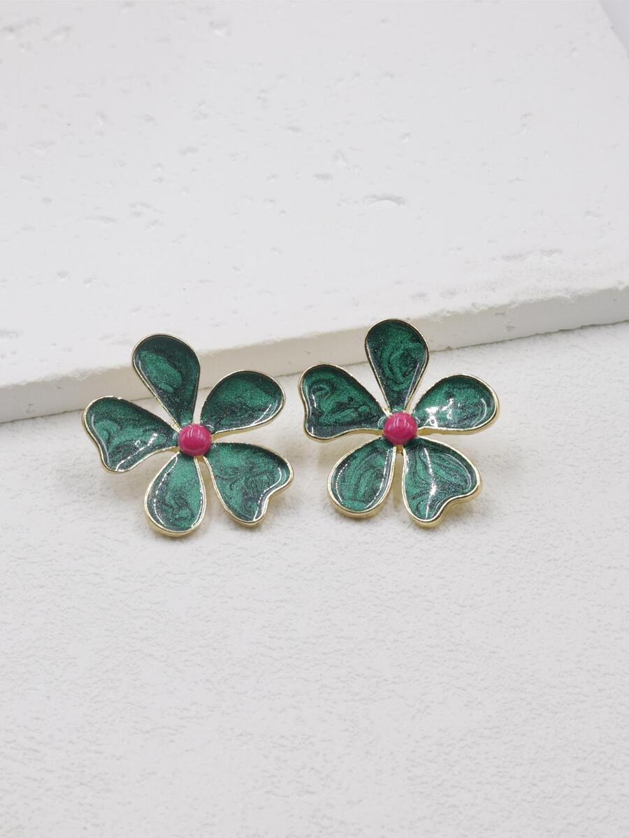 Green Flower Earrings - Green - View 1