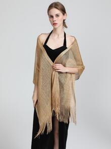 流蘇下擺披肩圍巾 - 金色 - 查看 1