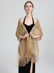 流蘇下擺披肩圍巾 - 金色 - 查看 3
