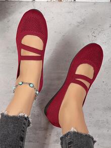 Women's Plus Size Round Toe Flat Shoes - Burgundy - View 5