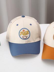 1pc Kids Expression & Letter Embroidered Trucker Hat For Outdoor - Blue - View 2