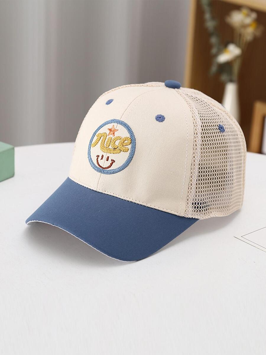 1pc Kids Expression & Letter Embroidered Trucker Hat For Outdoor - Blue - View 1