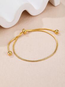 1pc Simple Stainless Steel Snake Bone Chain Bracelet For Women Adjustable Drawstring & Shrink Beads, Ins Style Design - Yellow Gold - View 1