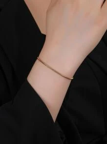 1pc Simple Stainless Steel Snake Bone Chain Bracelet For Women Adjustable Drawstring & Shrink Beads, Ins Style Design - Yellow Gold - View 2