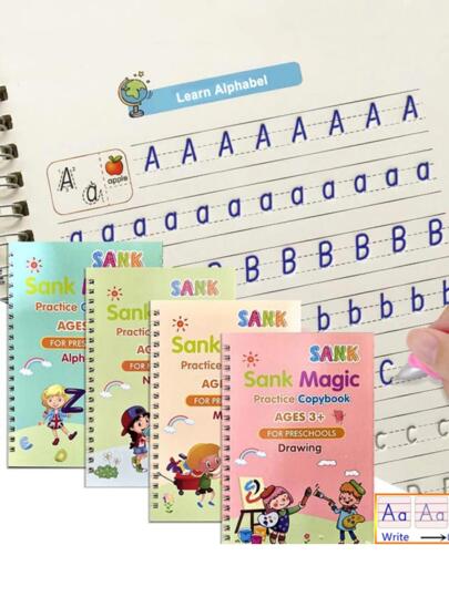 4 libros (bolígrafos gratis) Libro de copia mágica con práctica de escritura borrable y reutilizable, libros de trabajo de caligrafía y escritura a mano como regalo Montessori con diseño de plantilla y ayuda para la práctica de escritura mágica