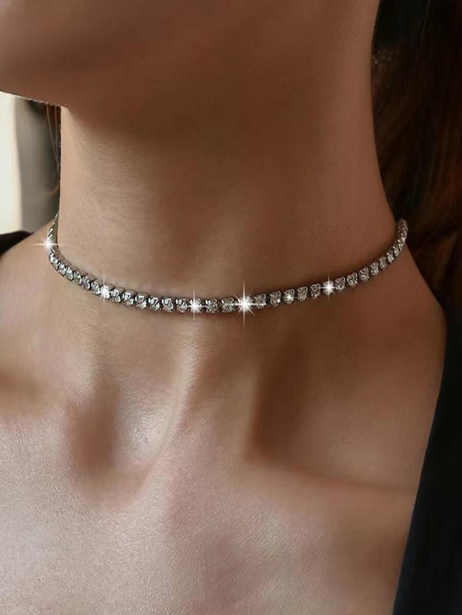 1入組魅力四射水鑽裝飾頸鏈適合女士日常裝飾 - 銀色 - 查看 1